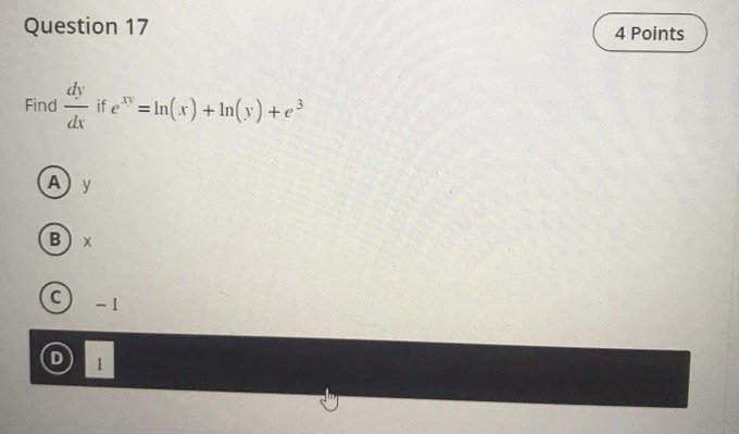 Question 17 4 Points dy Find - ife= In(x) + In(>)