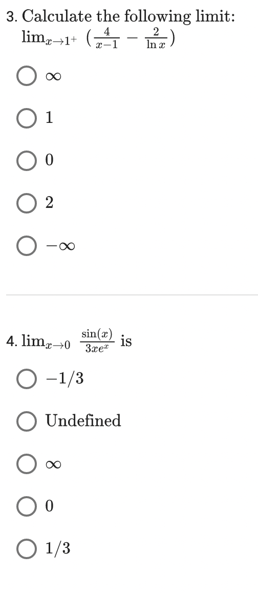 the following limit: 6x2-3x O 2 O -1/3 O -4 O -6