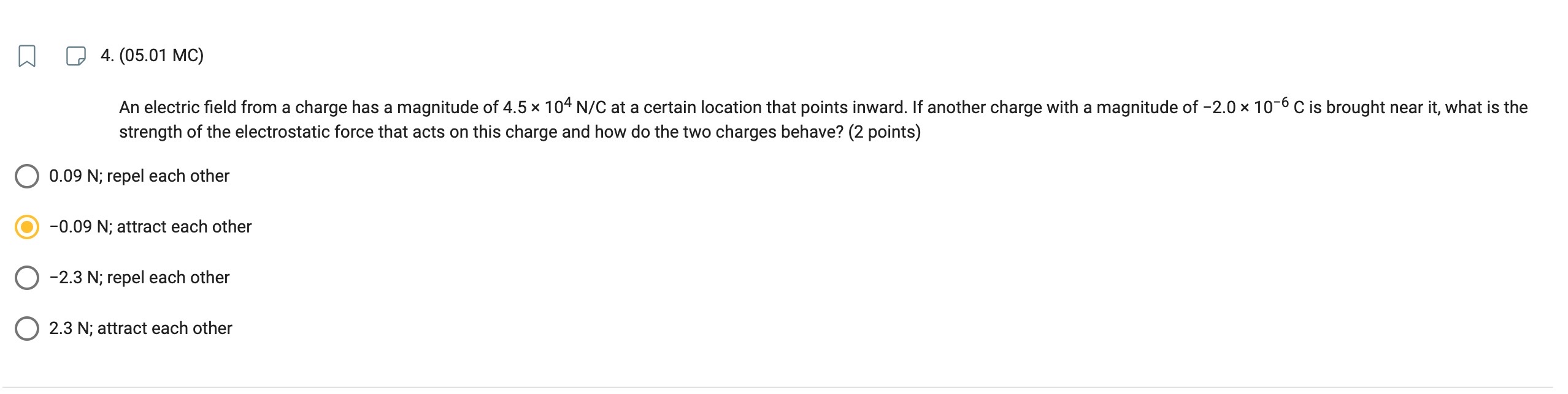  9 4. (05.01 MC) An electric eld from a charge has