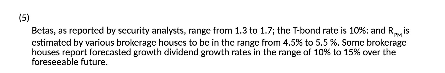 (5) Betas, as reported by security analysts, range from 1.3 to
