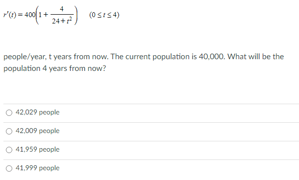 + people/year, t years from now. The current population is 40,000. What