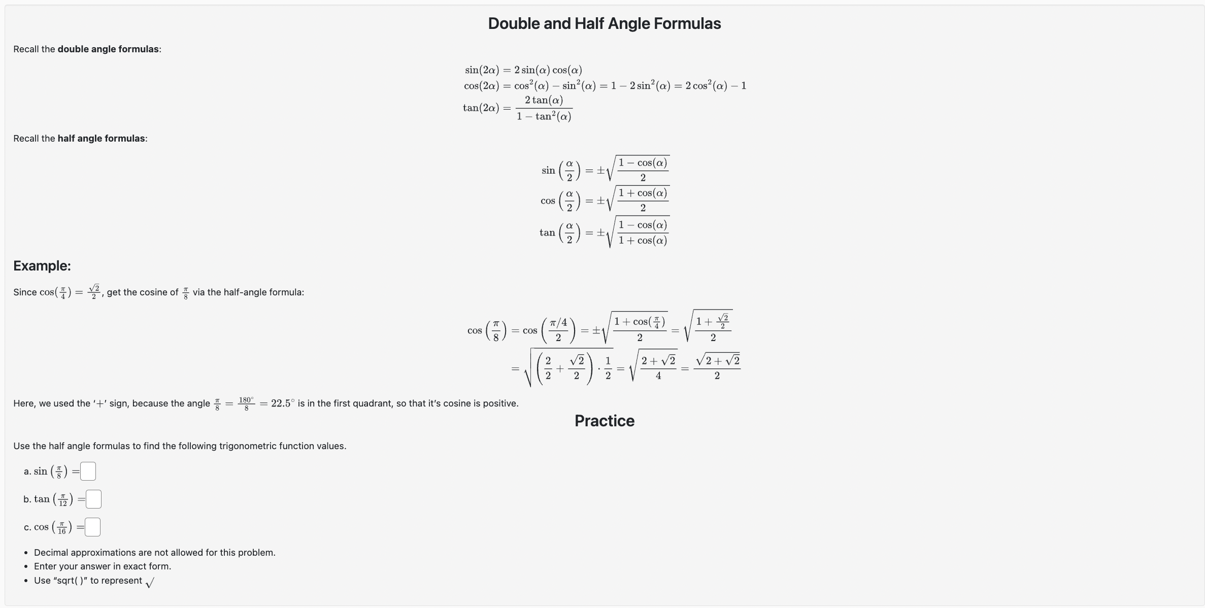this problem. - Enter your answer in exact form. - Use "sqrt(