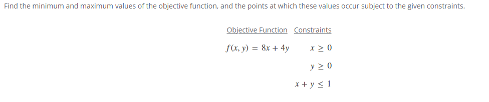 Objective Function Constraints f(x, y) = 8x + 4y x20 y20 xty