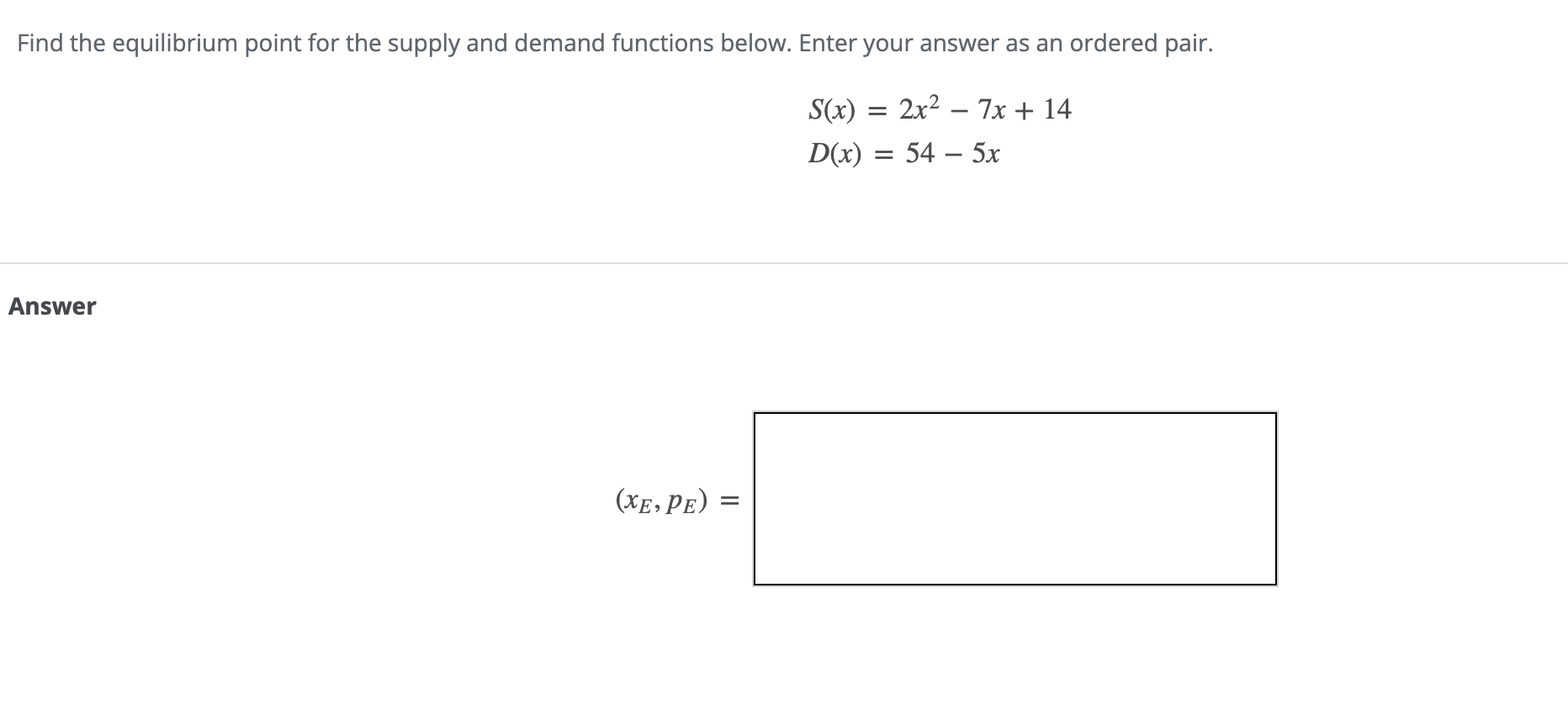 Find the equilibrium point for the supply and demand functions below.