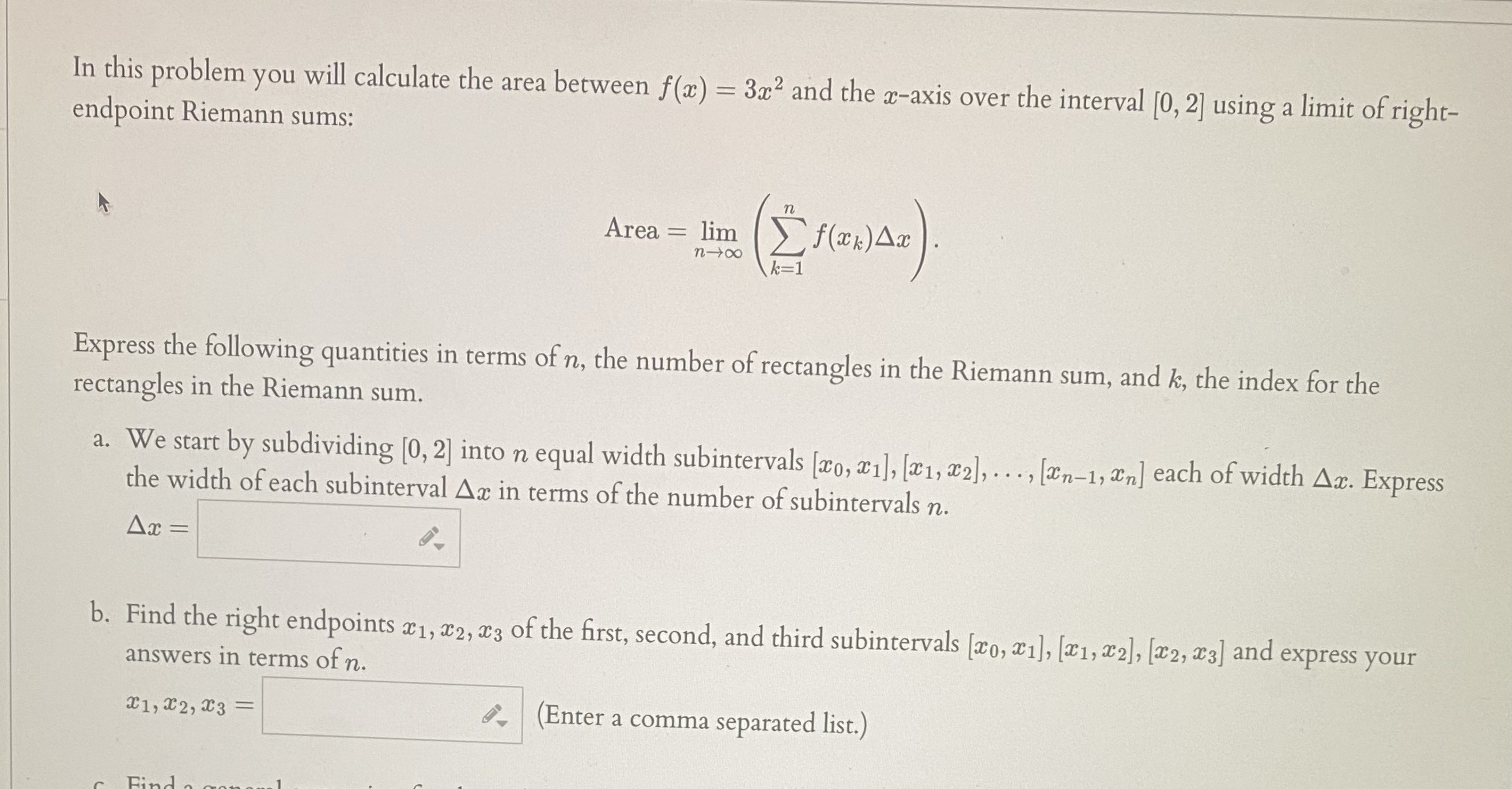 3x2 and the x-axis over the interval [0, 2] using a limit