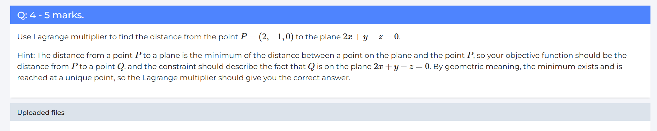 distance from the point P = (2, -1, 0) to the plane
