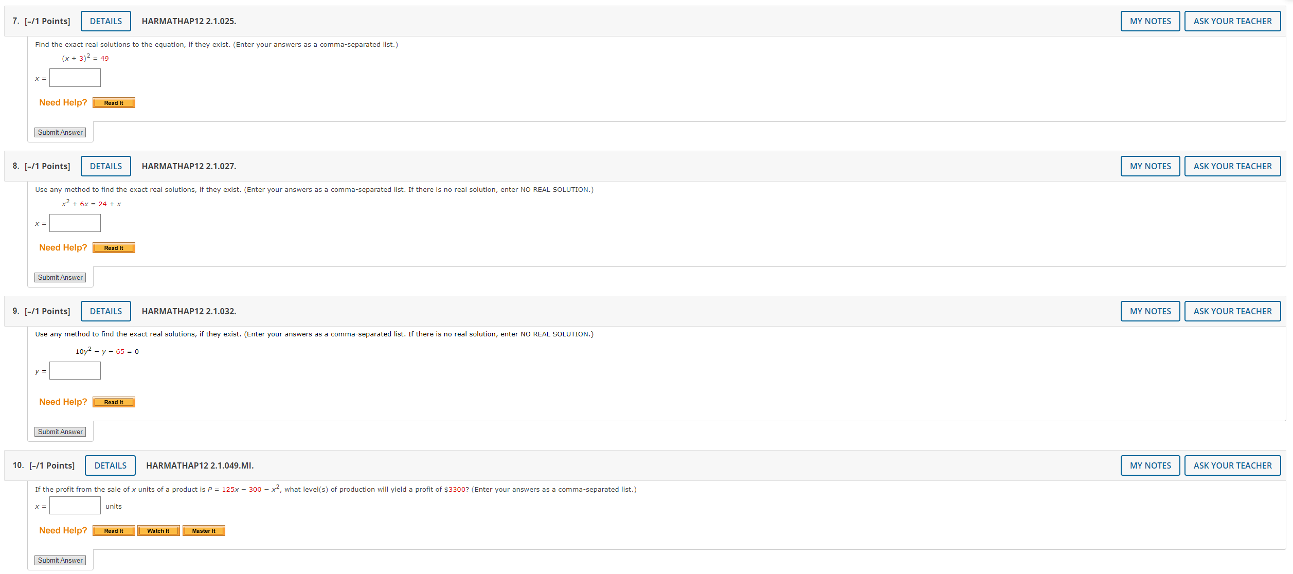 x2 - 6x = 27 * = Need Help? Read It Submit
