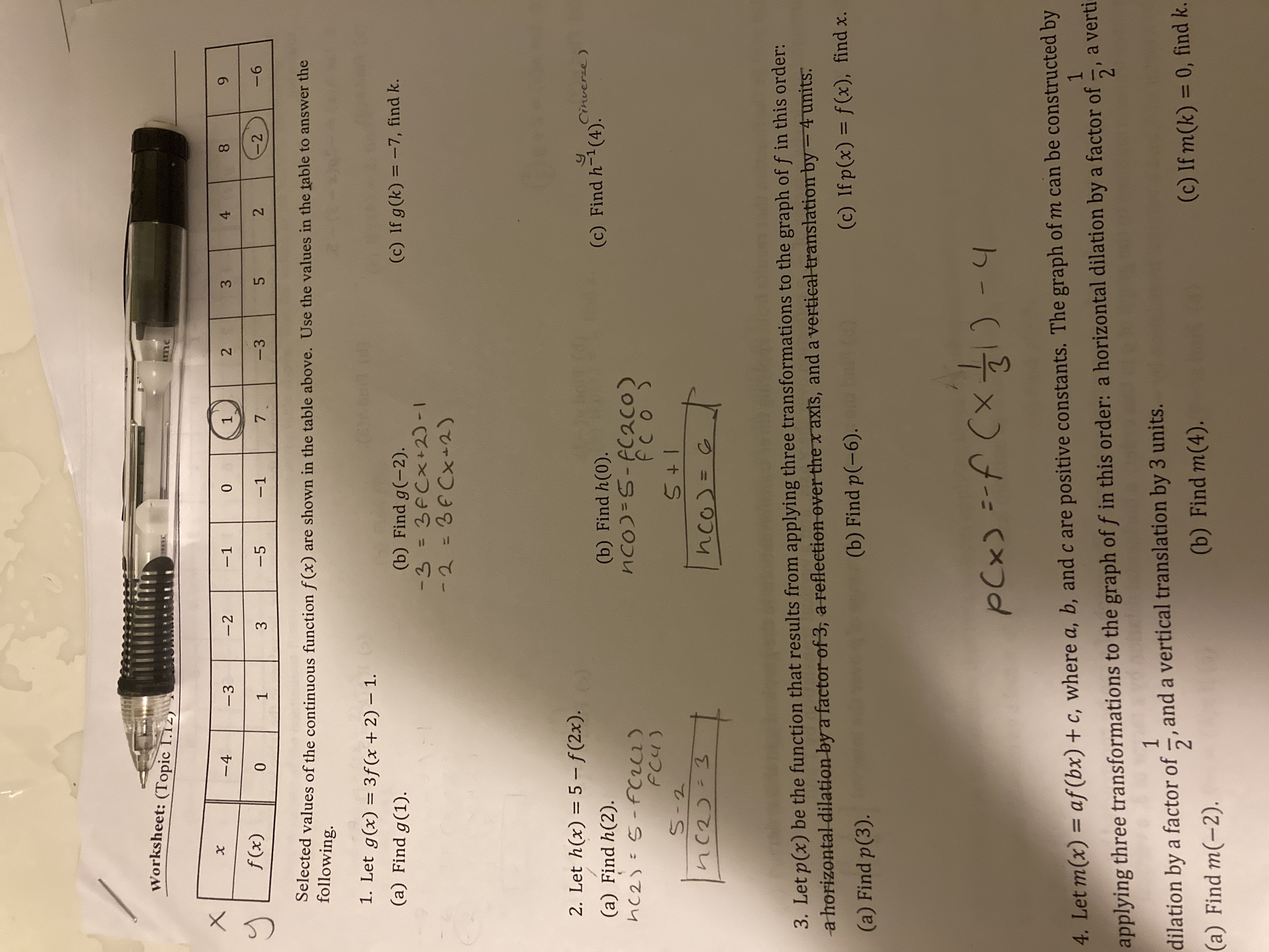  In Worksheet: (Topic 1. 12) ime X X -4 -3 -2
