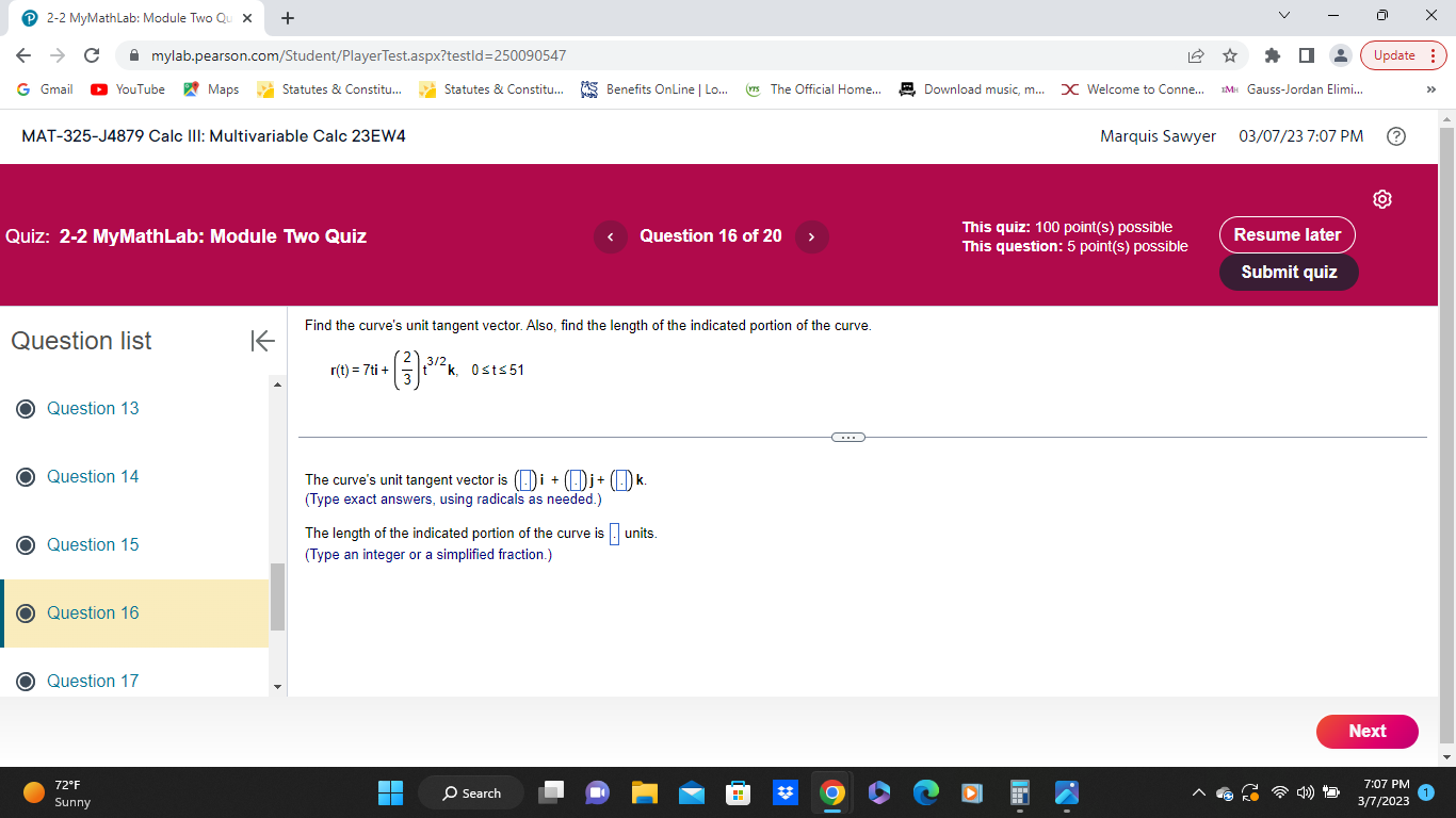  2-2 MyMathLab: Module Two Qu X + X C A mylab.pearson.com/Student/PlayerTest.aspx?testld=250090547