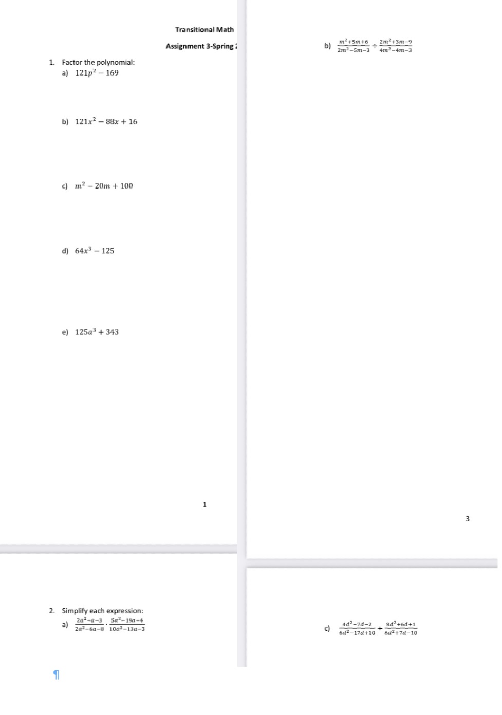 Can you please this with explanation Transitional Math Assignment 3-Spring b)