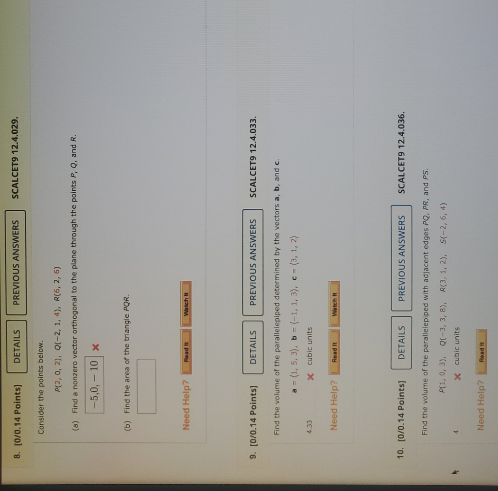 [0/0.14 Points] DETAILS PREVIOUS ANSWERS SCALCET9 12.4.029. Consider the points below. P