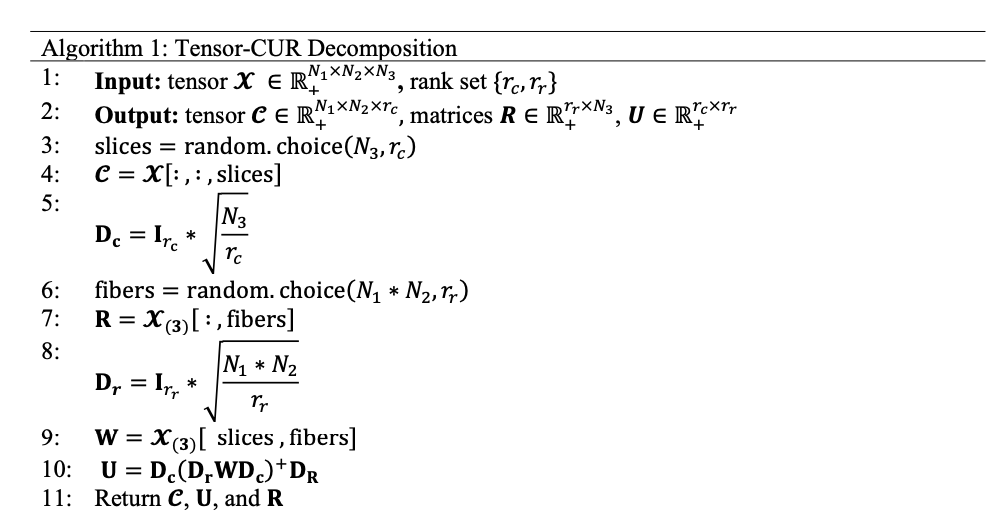 Algorithm 1: Tensor-CUR Decomposition rank set {rc,rr} Input: tensor X G R