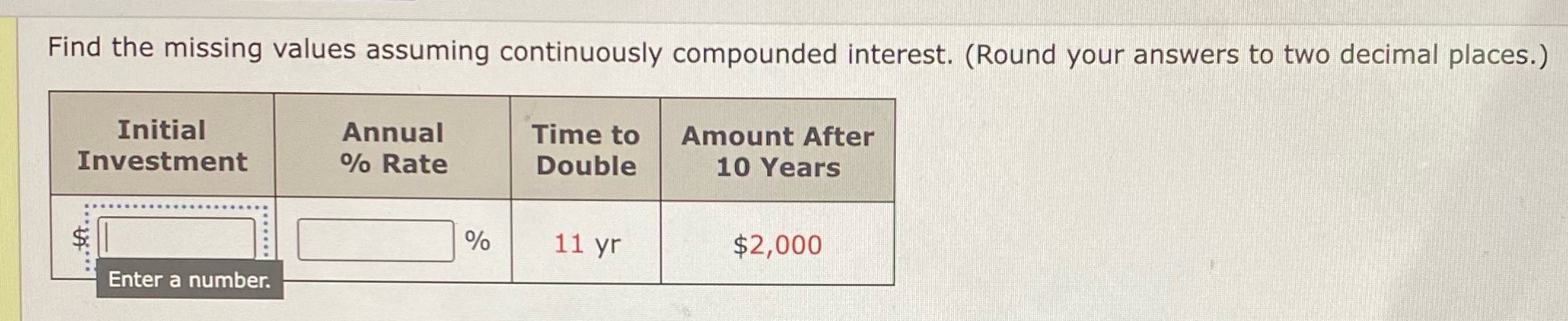  Find the missing values assuming continuously compounded interest. (Round your answers