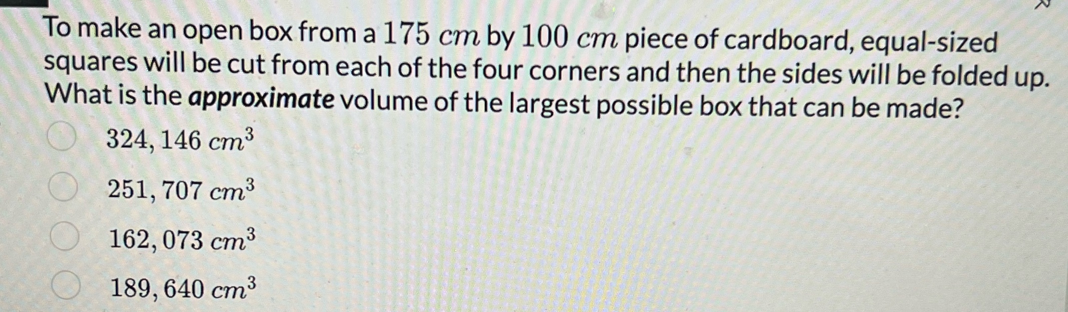 100 cm piece of cardboard, equal-sized squares will be cut from each