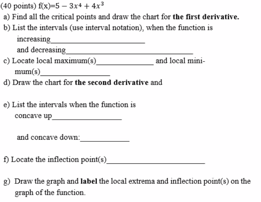 3. (40 points) f(x)=5 3x4 + 4x3 a) Find all the