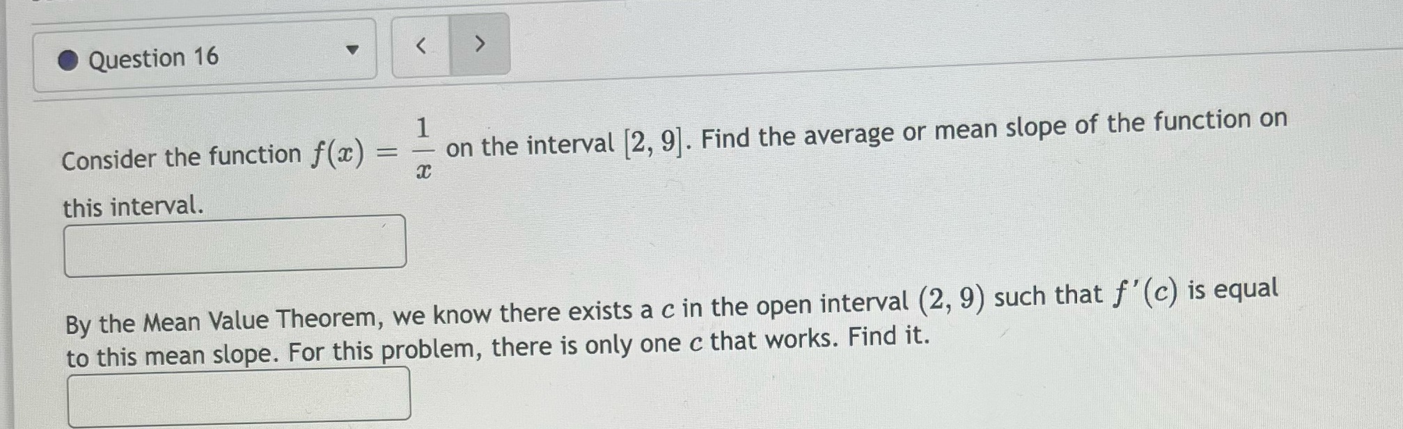 interval [2, 9]. Find the average or mean slope of the function