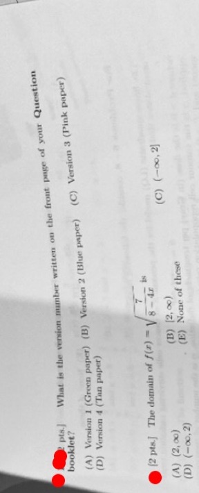 of your Question booklet? (A) Version 1 (Green paper) (B) Version 2