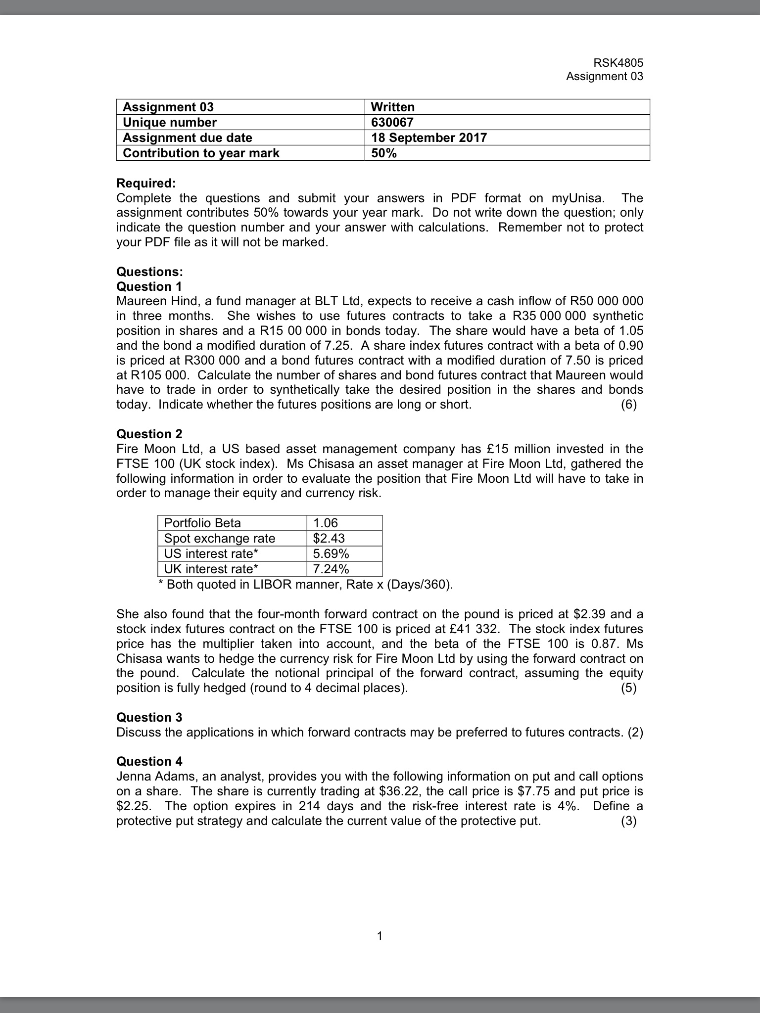 RSK4805 Assignment 03 Assignment 03 Written Unique number 630057 Assignment due