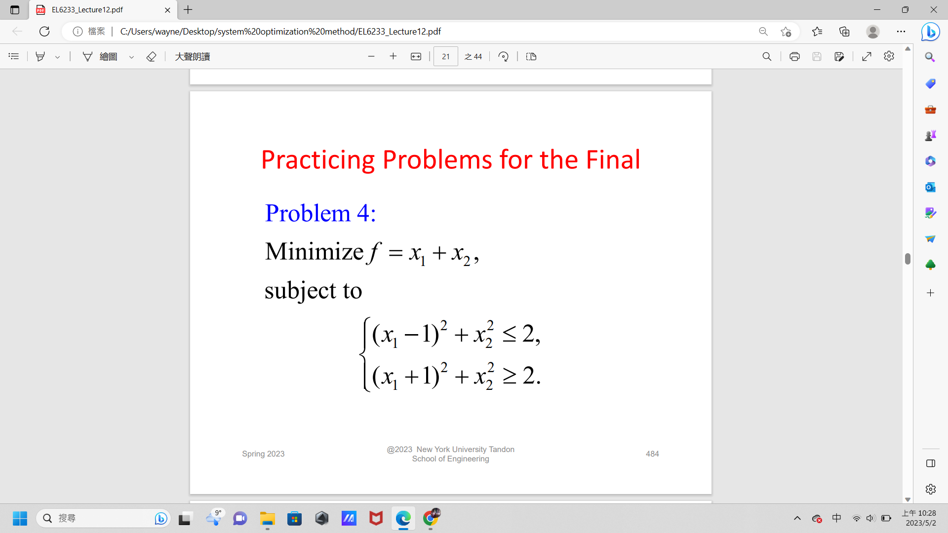  DO EL6233_Lecture 12.pdf X + X C | C:/Users/wayne/Desktop/system%20optimization%20method/EL6233_Lecture12.pdf . .