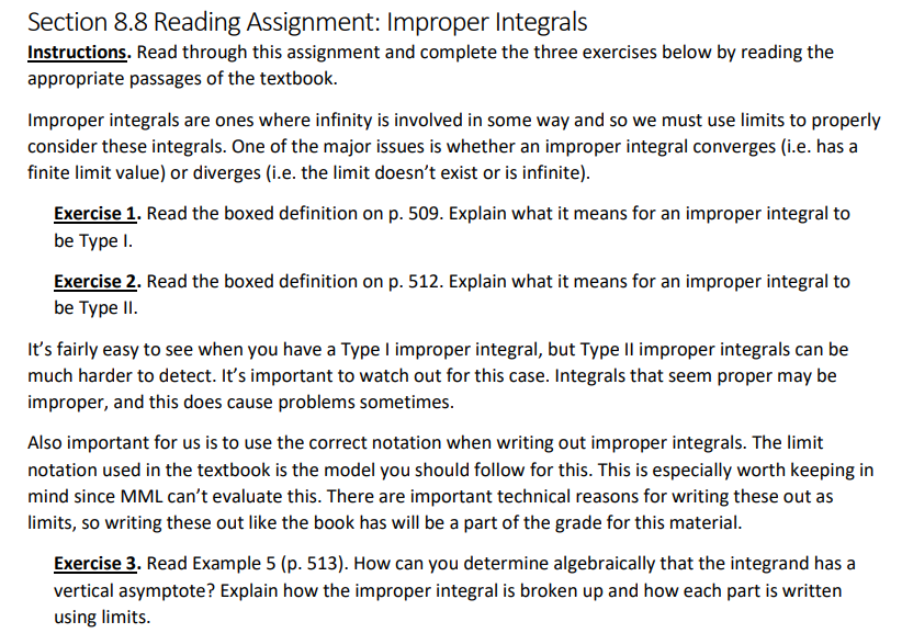  Section 8.8 Reading Assignment: Improper IntegralsAnswer Only Exercise 1, 2, and