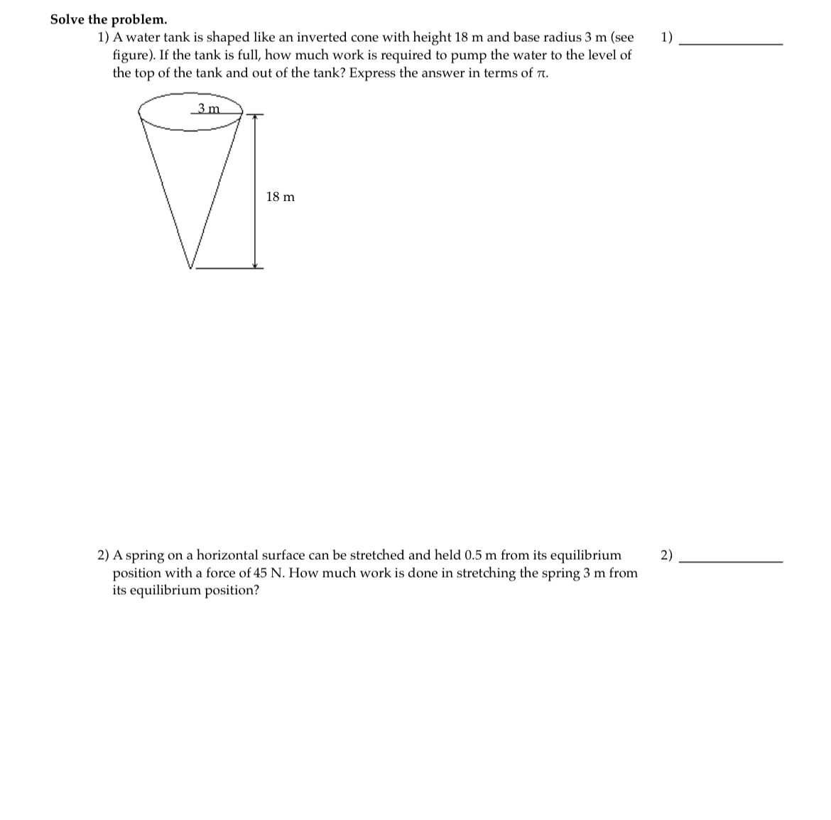 inverted cone with height 18 m and base radius 3 in (see
