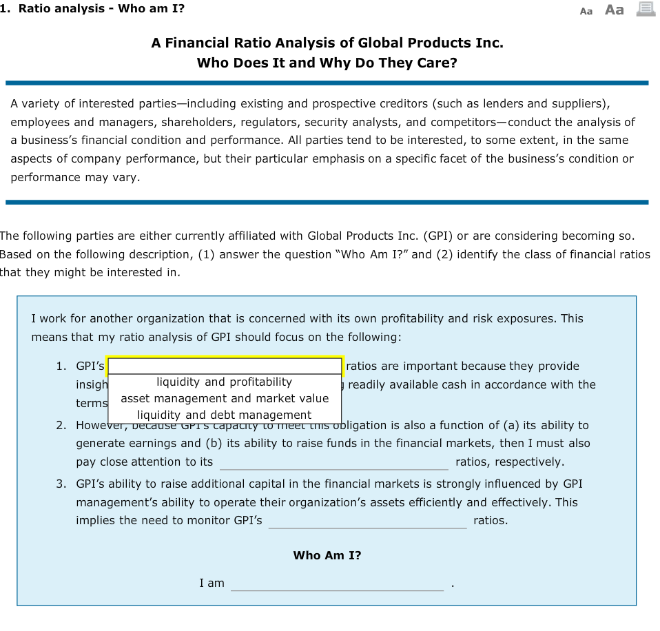 am I? h Aa E. A Financial Ratio Analysis of Global Products
