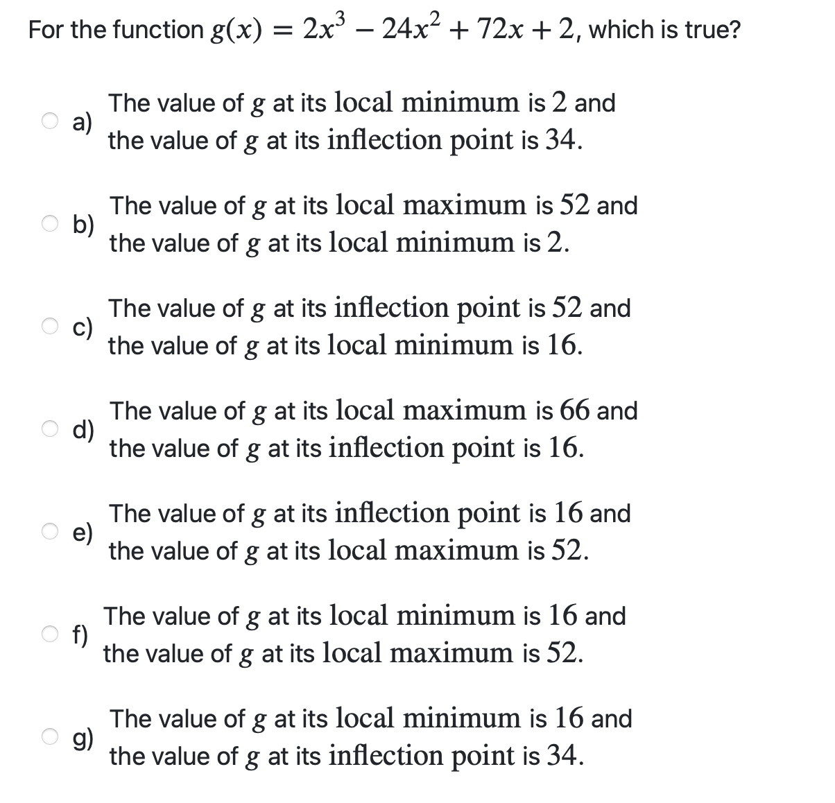 For the function g(x) = 2x3 - 24x2 + 72x +