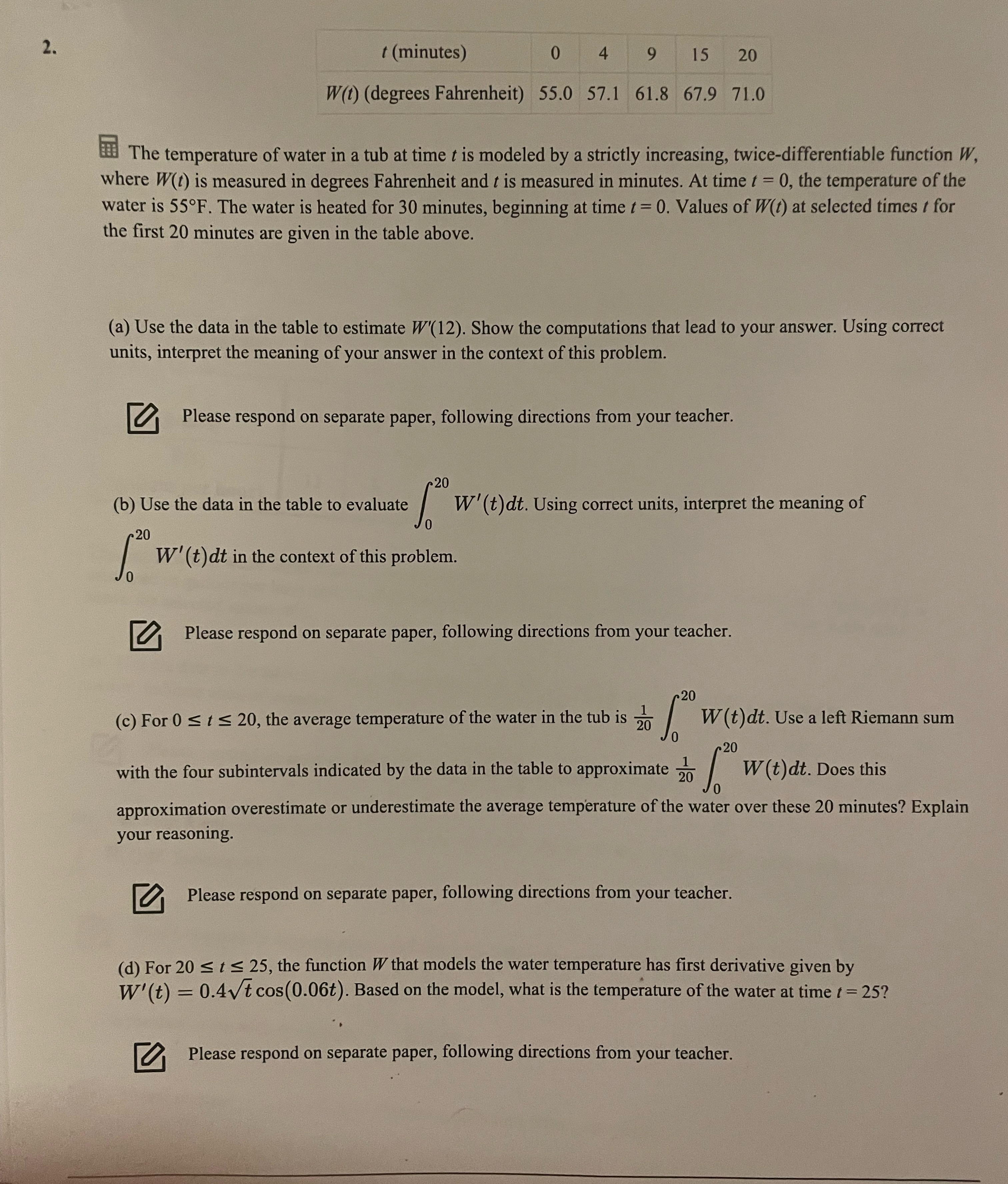 10 4 9 15 20 W(t) (degrees Fahrenheit) 55.0 57.1 61.8 67.9