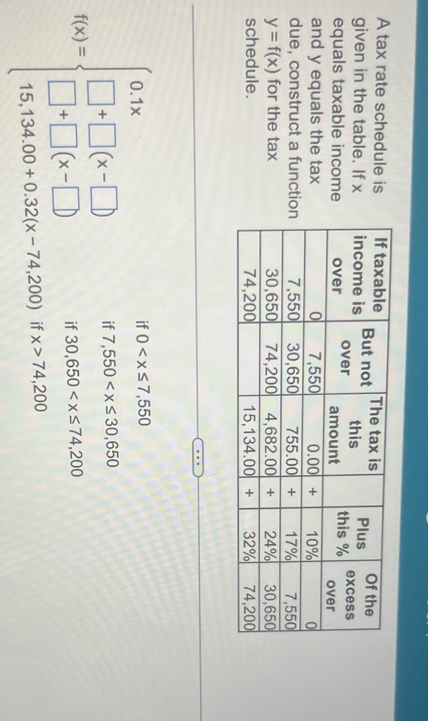 taxable Of the given in the table. If x income is But
