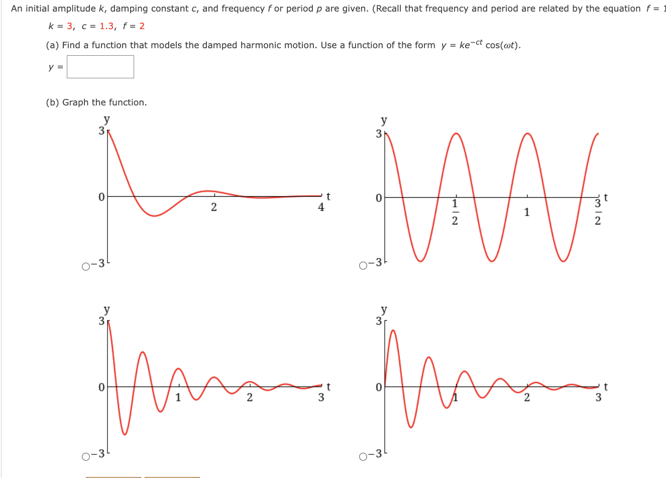  An initial amplitude k, damping constant c, and frequency for period