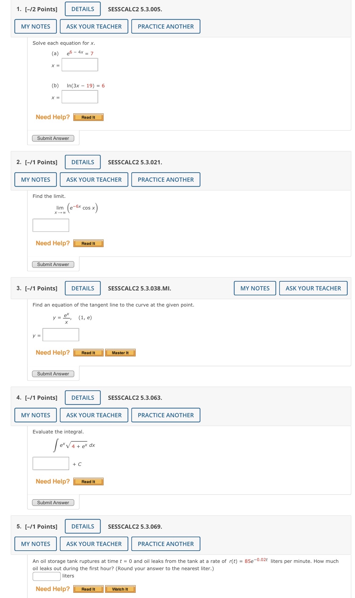  1. [-/2 Points] DETAILS SESSCALC2 5.3.005. MY NOTES ASK YOUR TEACHER