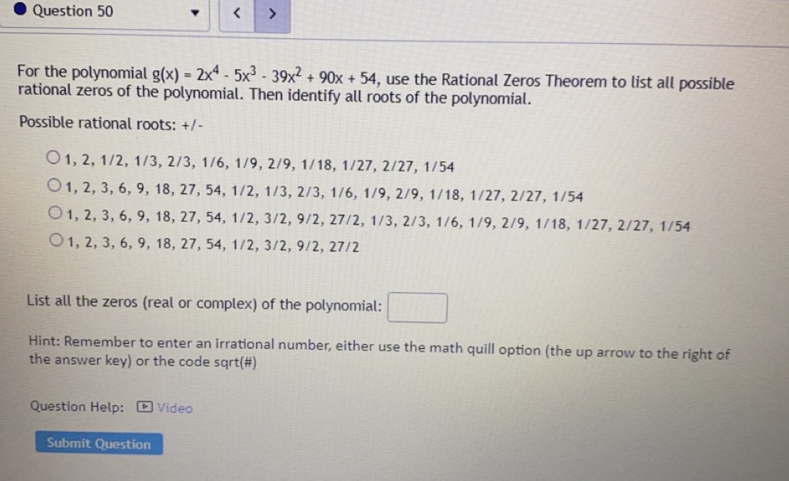 Please help solve . Question 50 For the polynomial g(x) =