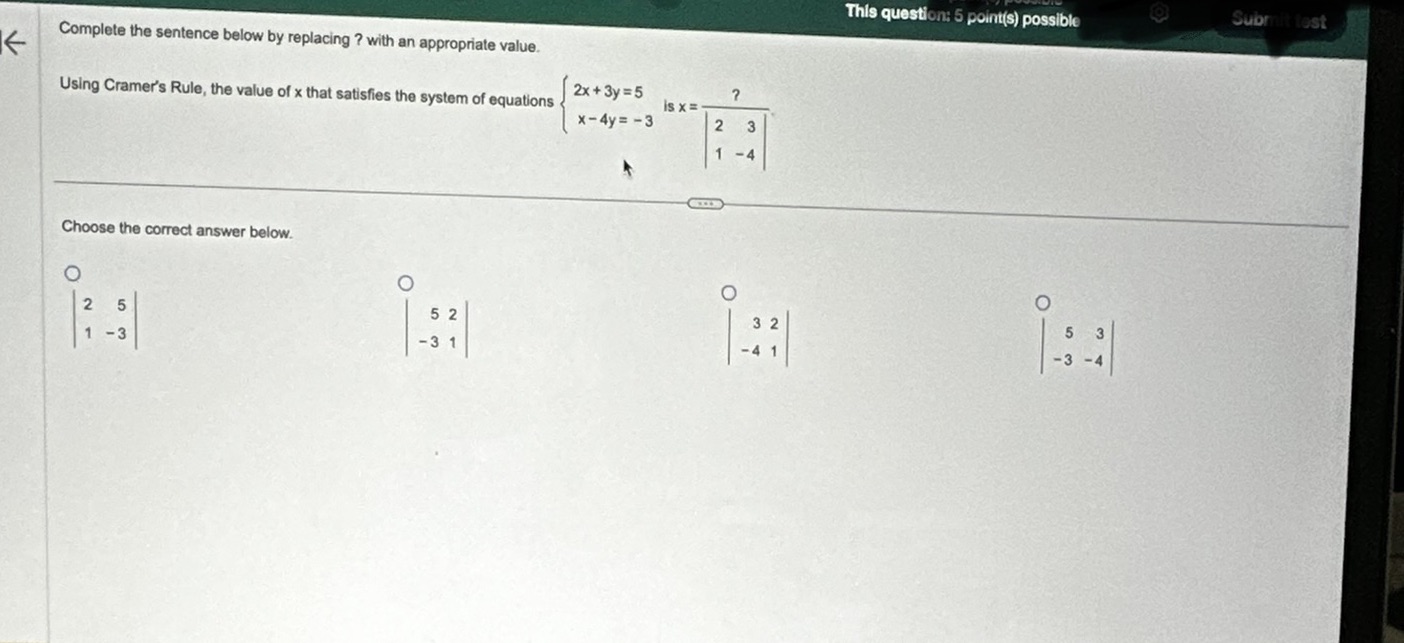  This question: 5 point(s) possible Submit test Complete the sentence below