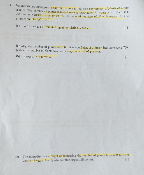 Differential Equations A level Pure math question 11 Naturalists are managing