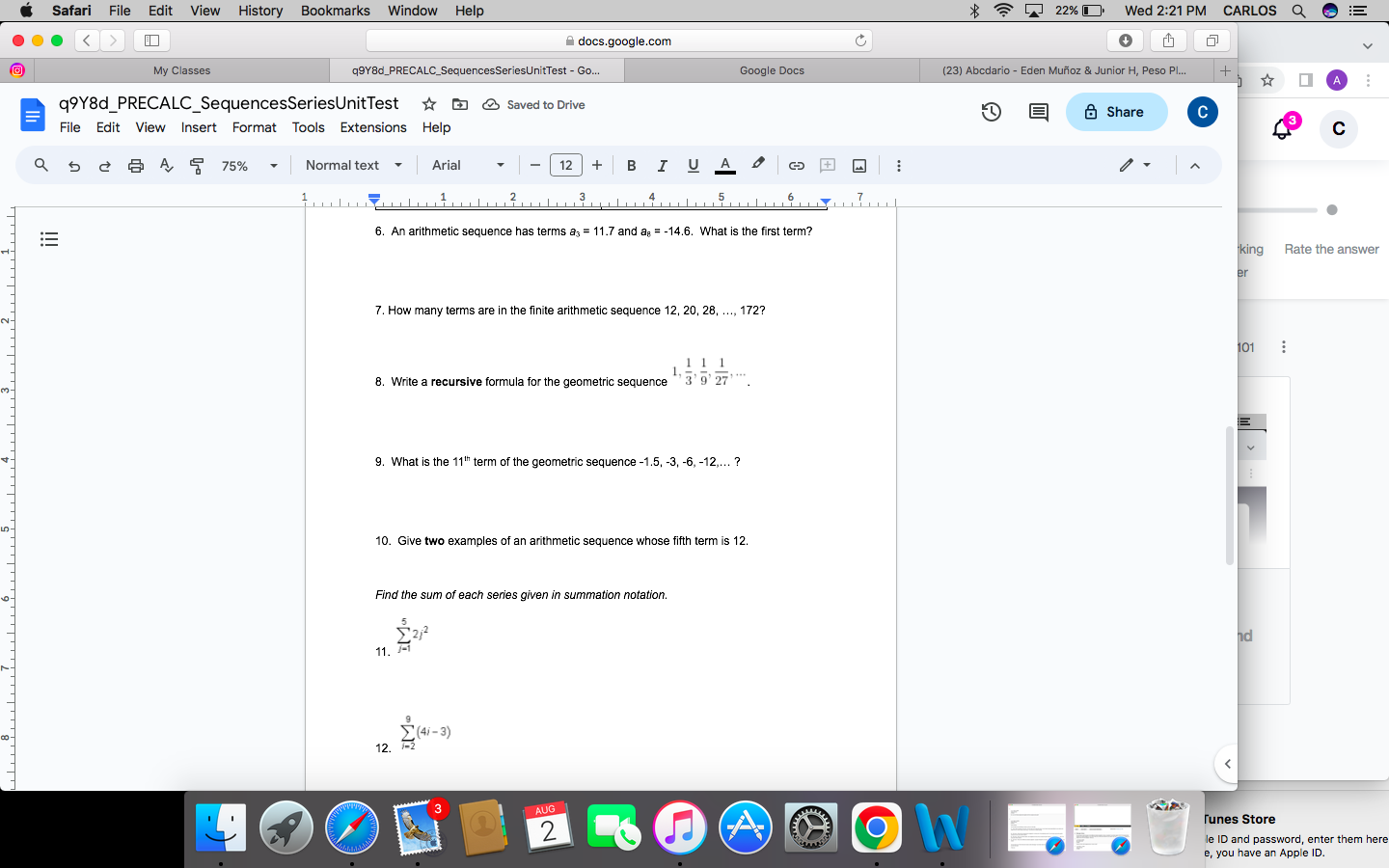 2:21 PM CARLOS QE . . . A docs.google.com C My Classes