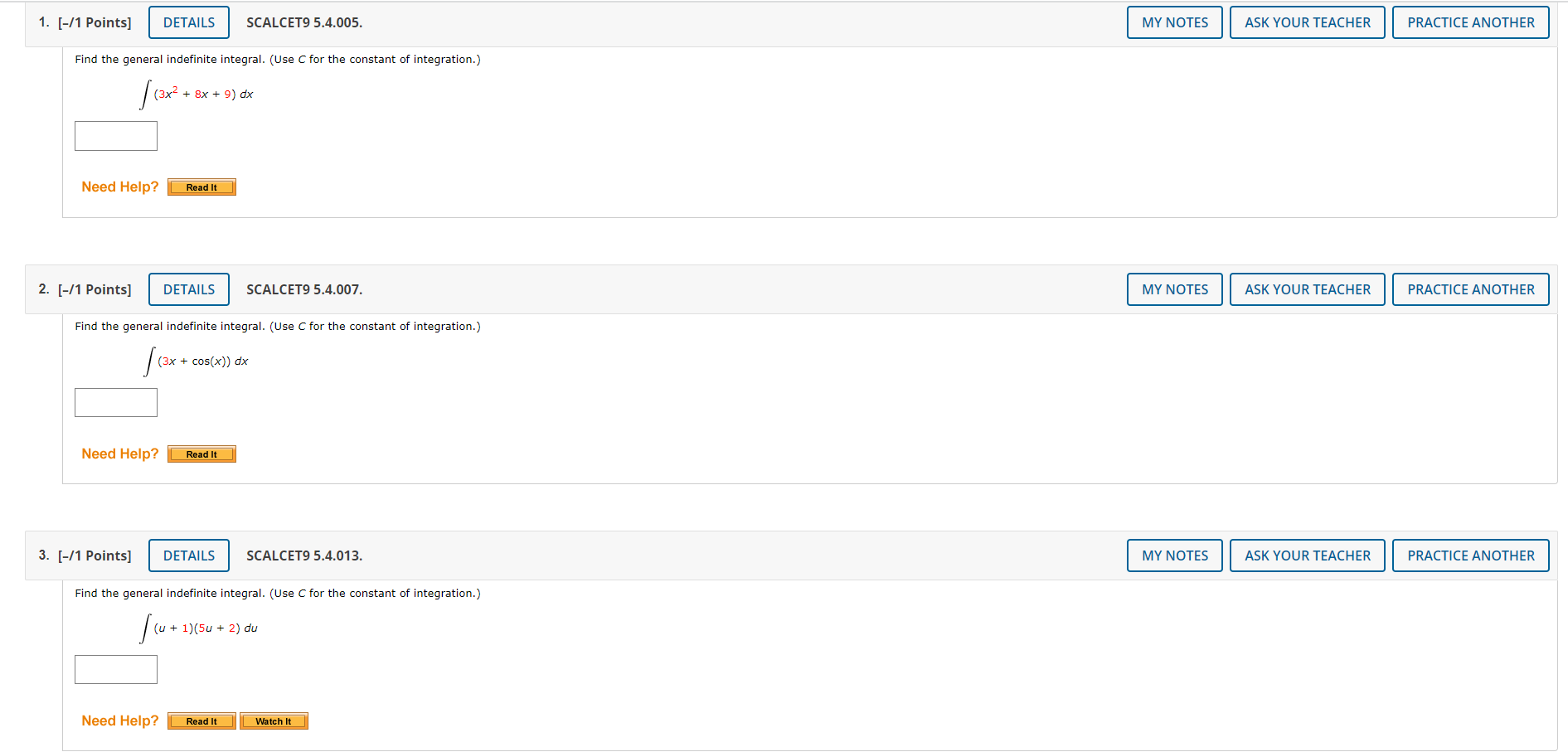  5.4 Homework - Indefinite Integrals, Net Change (Homework) 1. [-/1 Points]