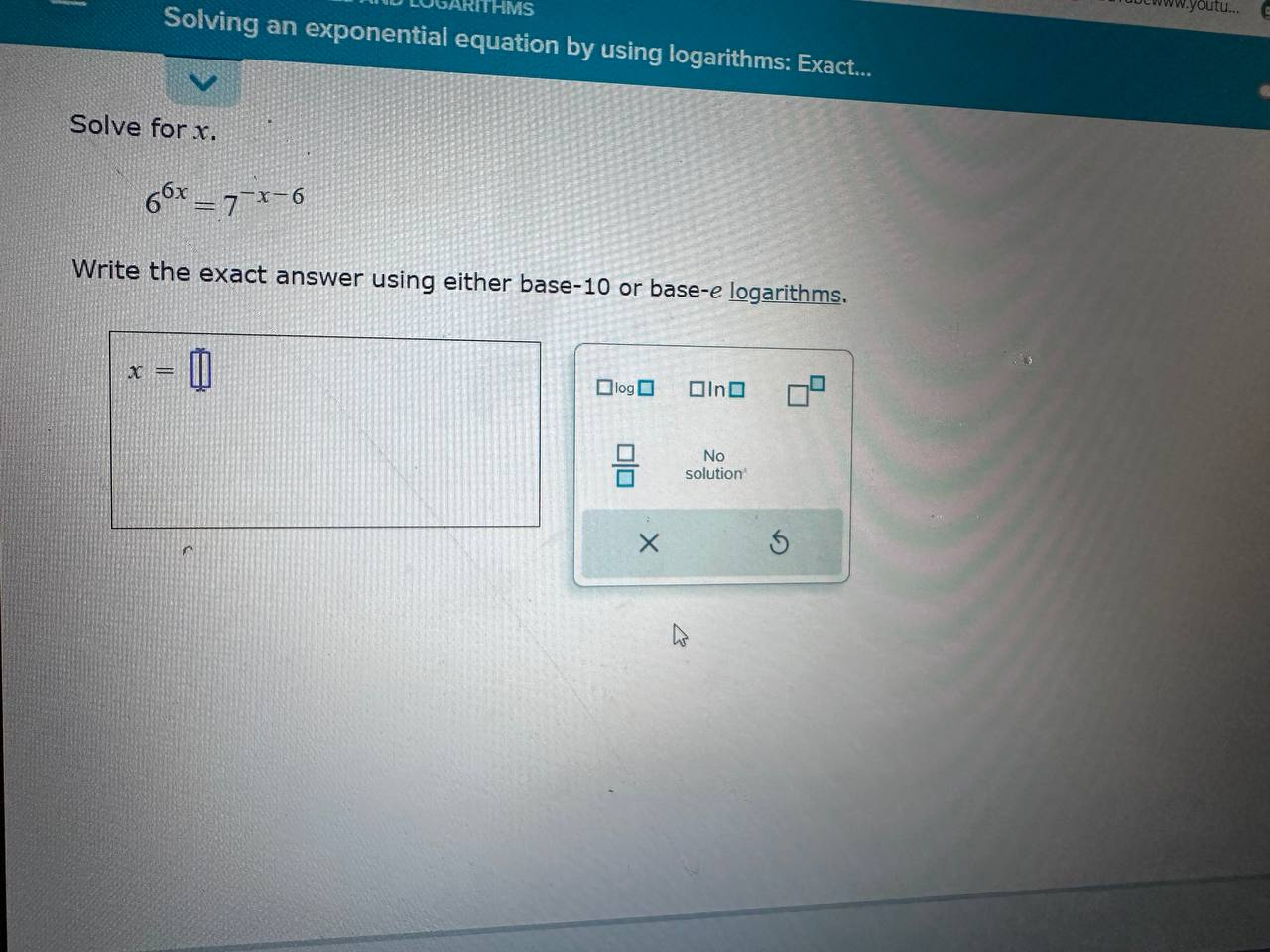 RITHMS Solving an exponential equation by using logarithms: Exact. Solve for