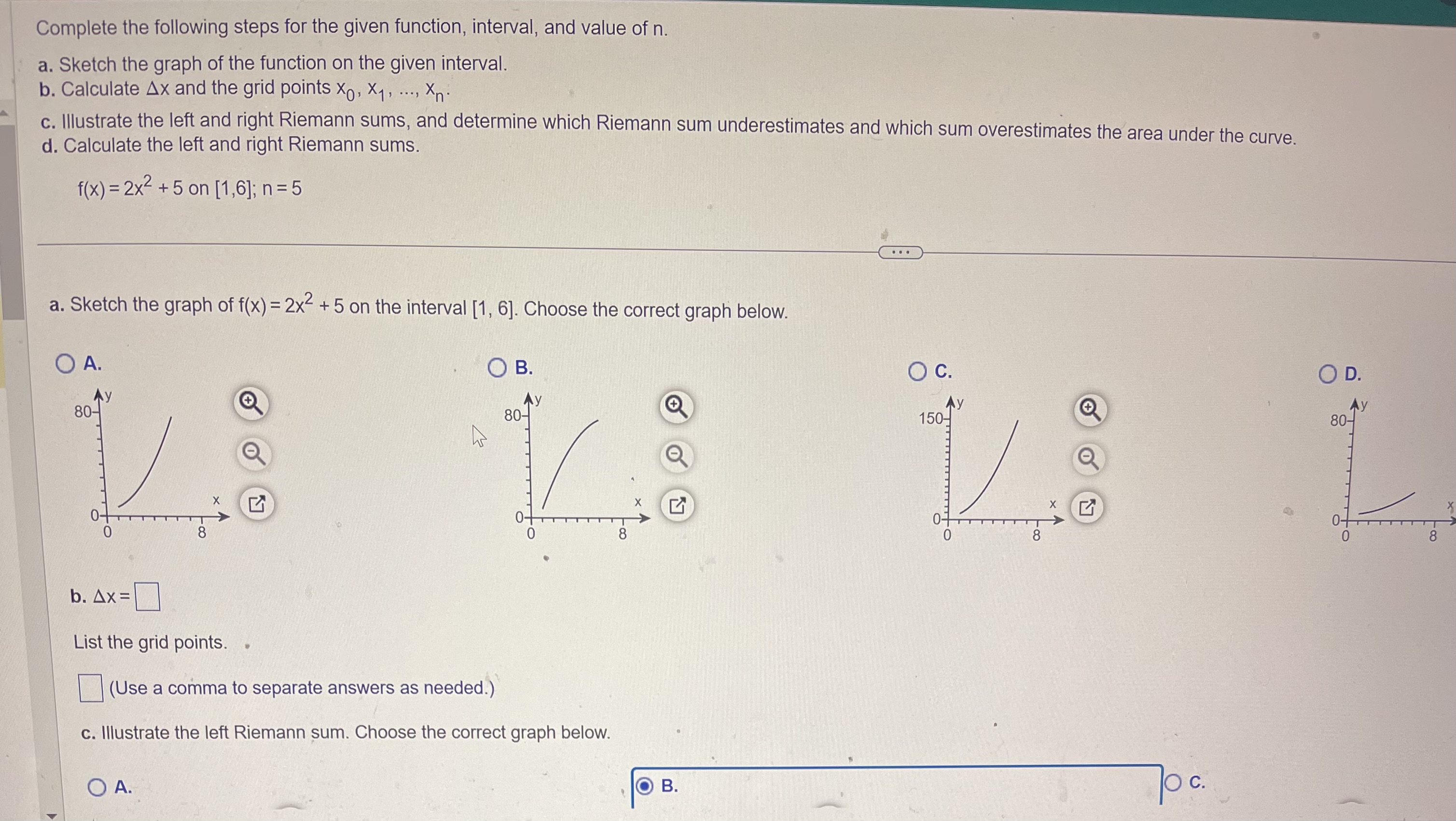 c. Illustrate the left and right Riemann sums, and determine which Riemann