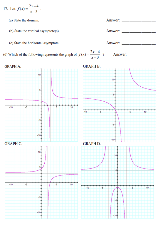 2x4 17. (a) State the don-vain. (b) State the vertical asymptote(s). (c)