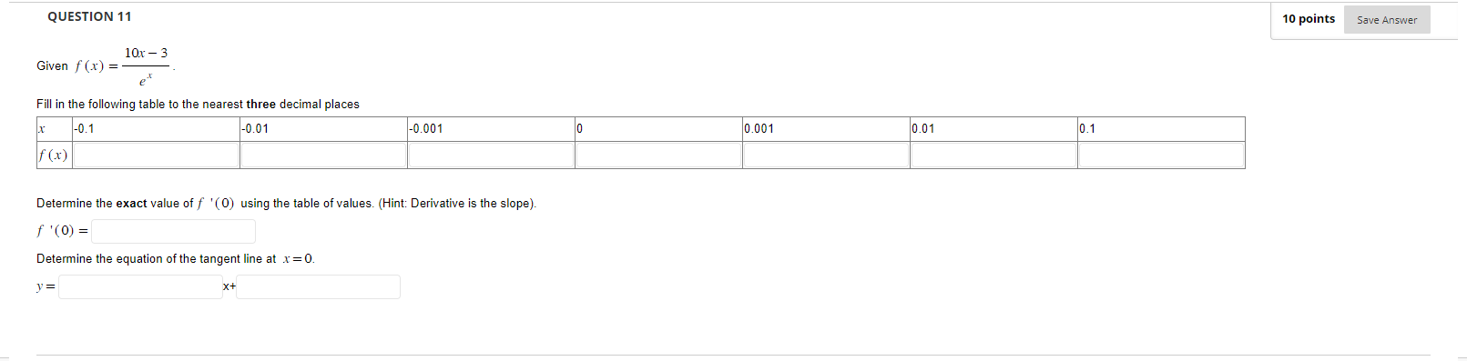 (x) = Fill in the following table to the nearest three decimal