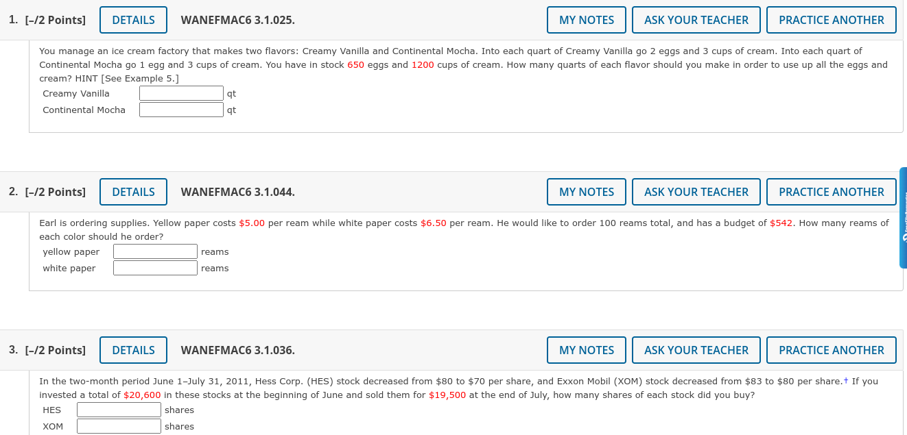  1. [-/2 Points] DETAILS WANEFMAC6 3.1.025. MY NOTES ASK YOUR TEACHER