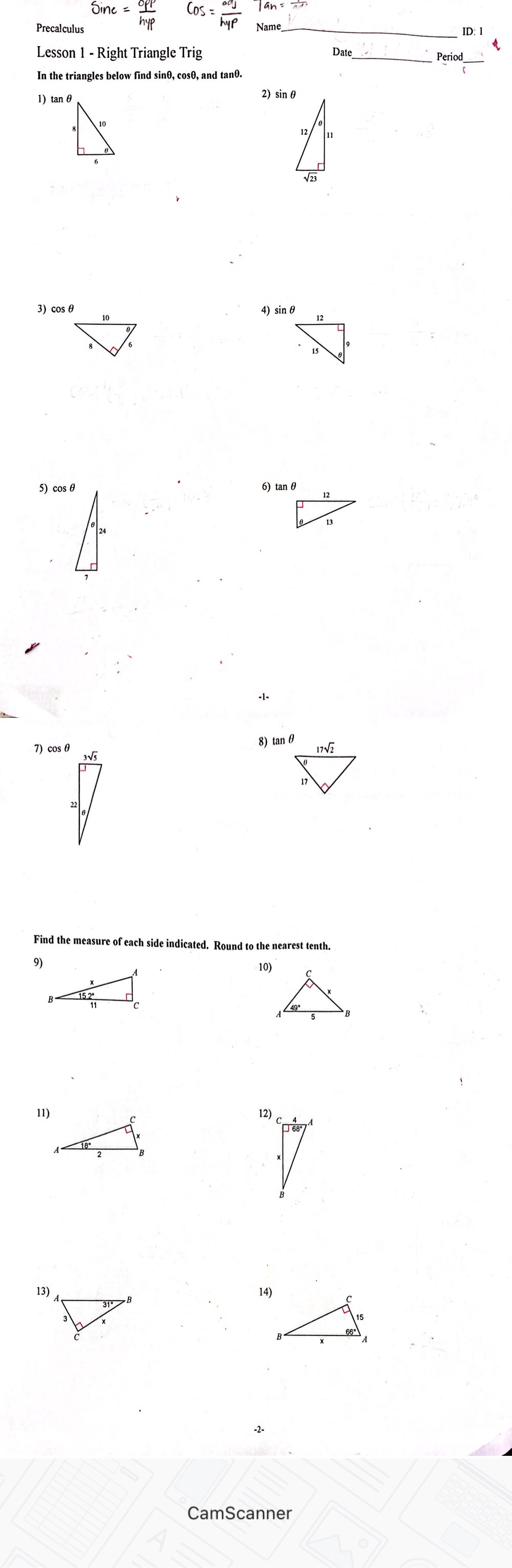 Lesson 1 - Right Triangle Trig Date Period In the triangles below