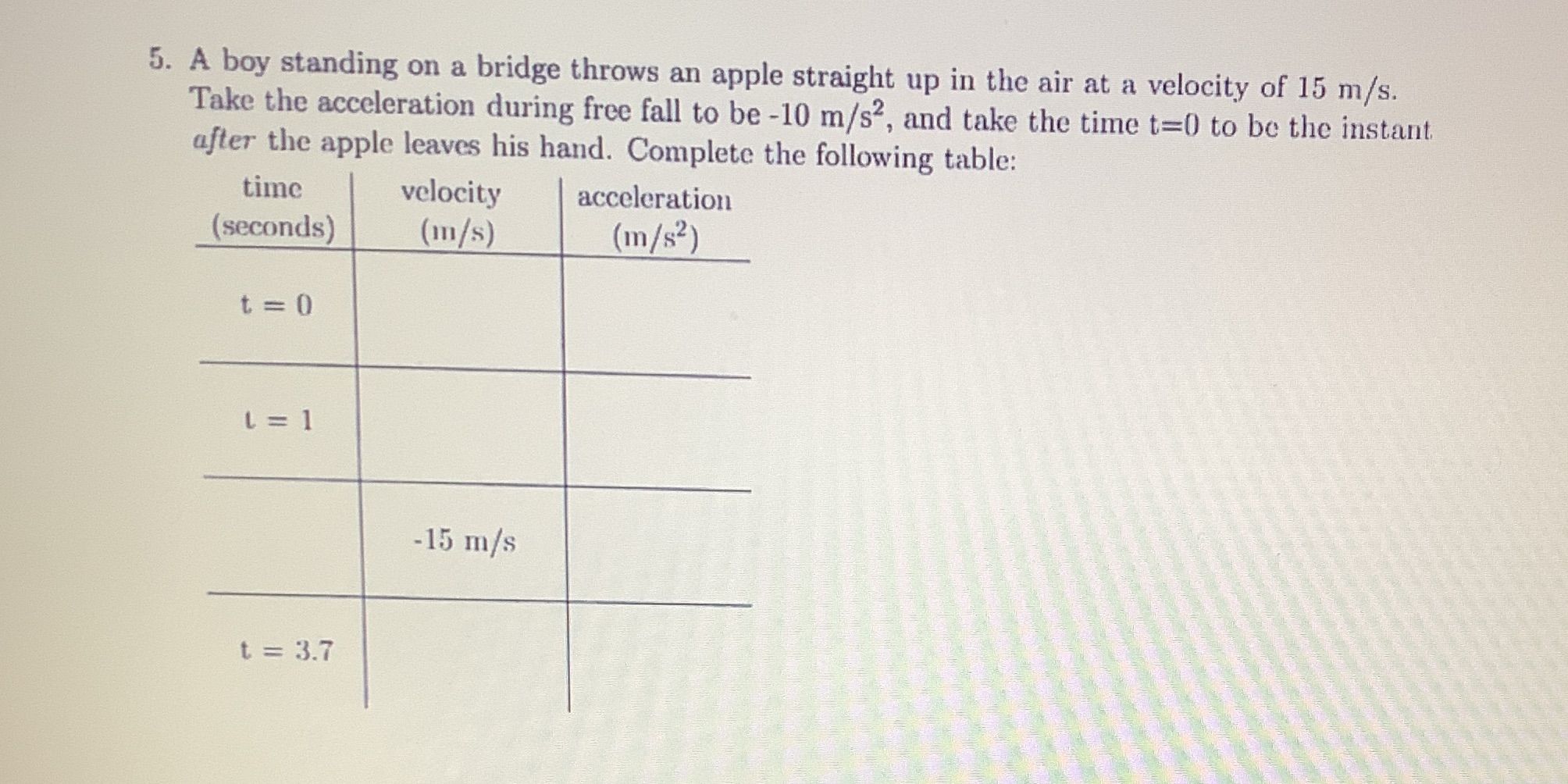  5. A boy standing on a bridge throws an apple straight