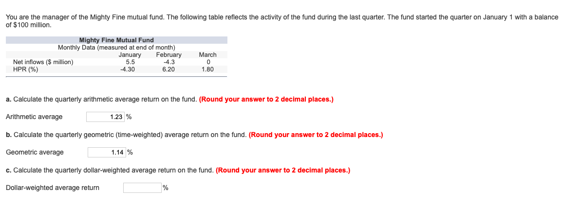 dollar-weighted average. You are the manager of the Mighty Fine mutual fund.