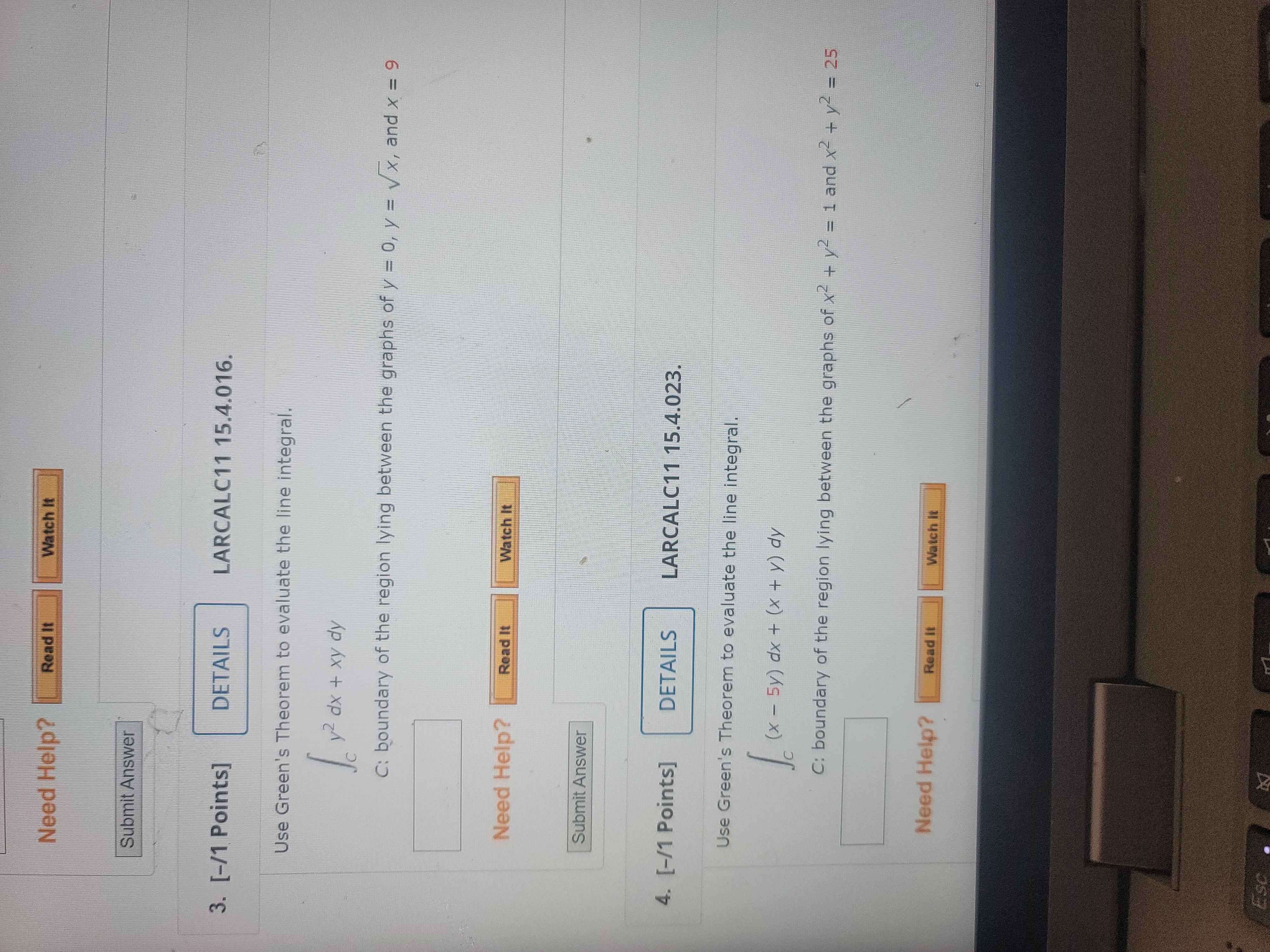 DETAILS LARCALC11 15.4.008. Verify Green's Theorem by evaluating both integrals 10 v2