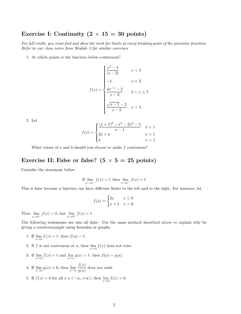  Exercise I: Continuity (2 x 15 = 30 points) For full