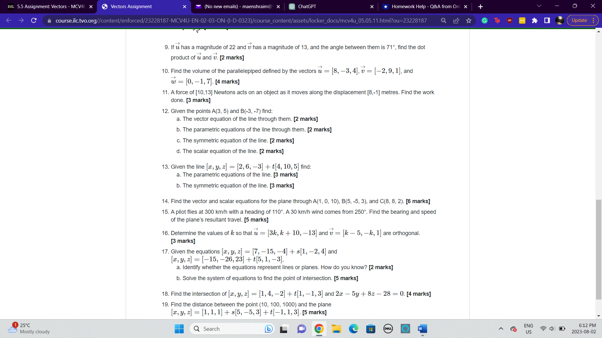  D2L 5.5 Assignment: Vectors - MCV4U X Vectors Assignment (No new