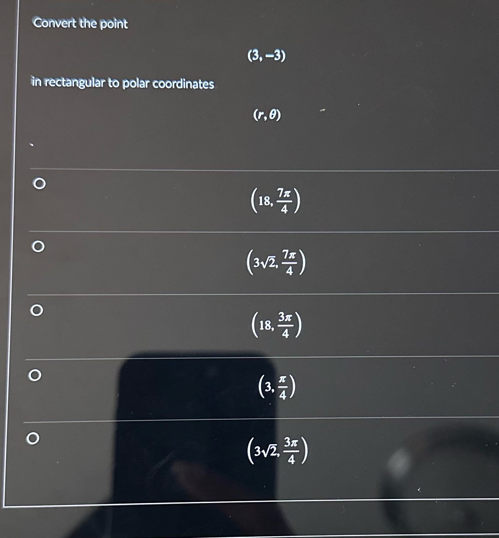 Convert the point (3, -3) in rectangular to polar coordinates (r,