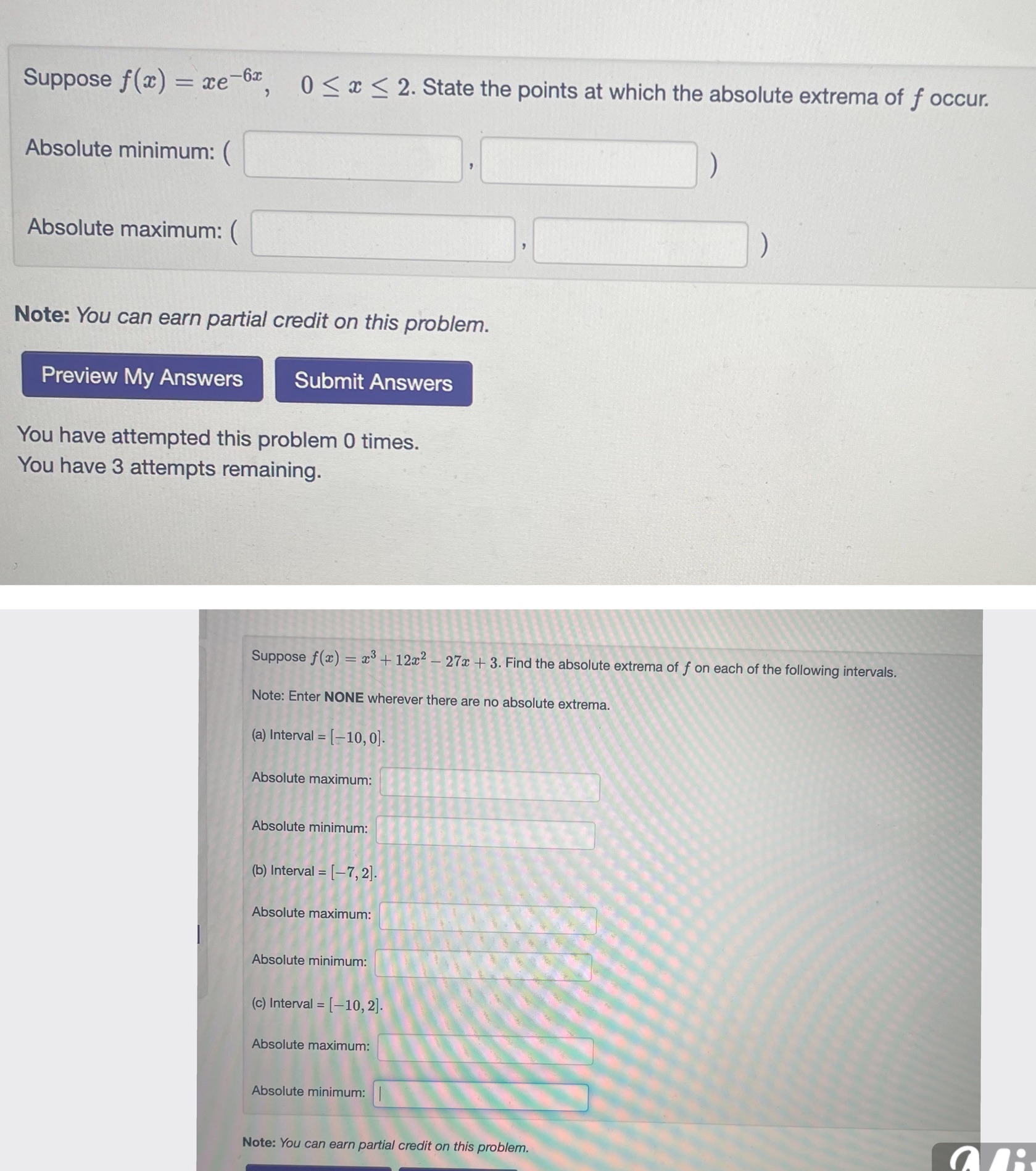 2. State the points at which the absolute extrema of f occur.
