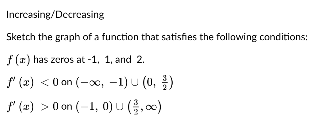 conditions: f (a ) has zeros at -1, 1, and 2. f'